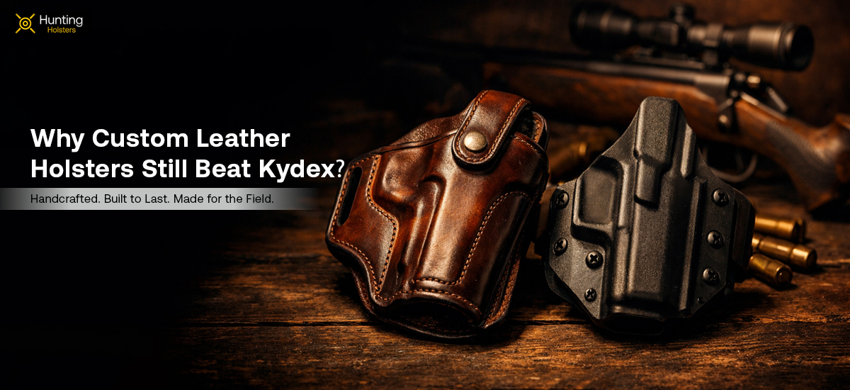 Custom leather holster vs Kydex holster comparison — handcrafted brown leather hunting holster on rustic wooden surface