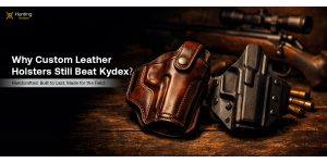 Custom leather holster vs Kydex holster comparison — handcrafted brown leather hunting holster on rustic wooden surface