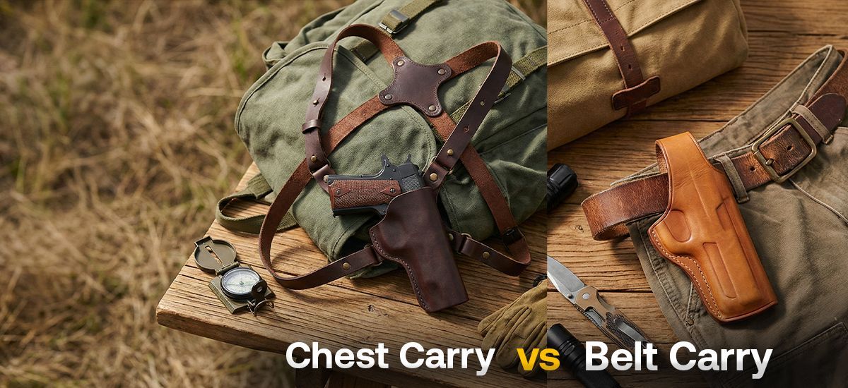 Leather holster displayed on a wooden surface with clean lighting, used as the banner image for a holster selection guide.