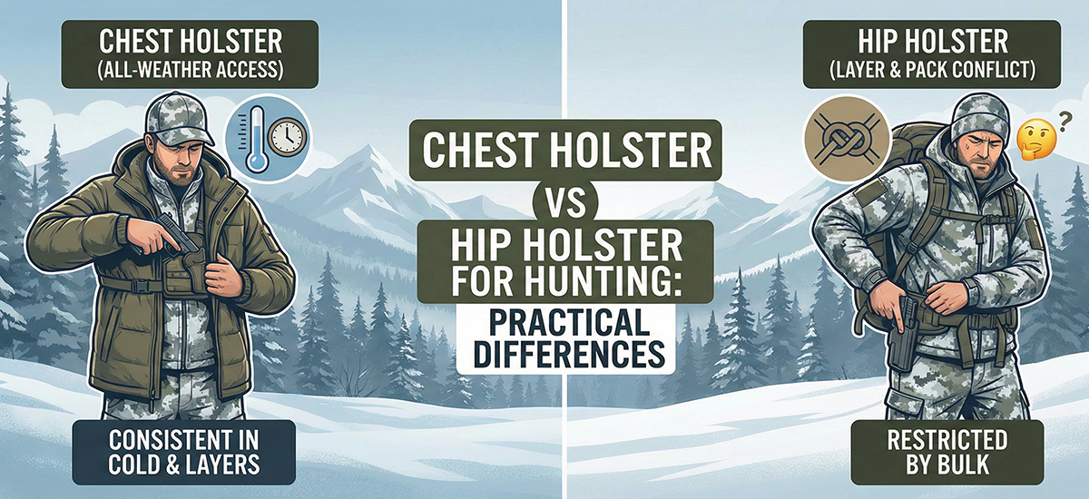 Hunter wearing a backpack and chest holster while moving through rugged backcountry terrain during a hunting trip