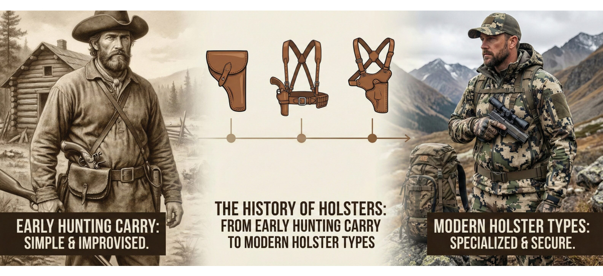 Illustration showing the evolution of hunting holsters, with an early hunter wearing a belt holster and a modern hunter using a chest holster in a natural outdoor setting.