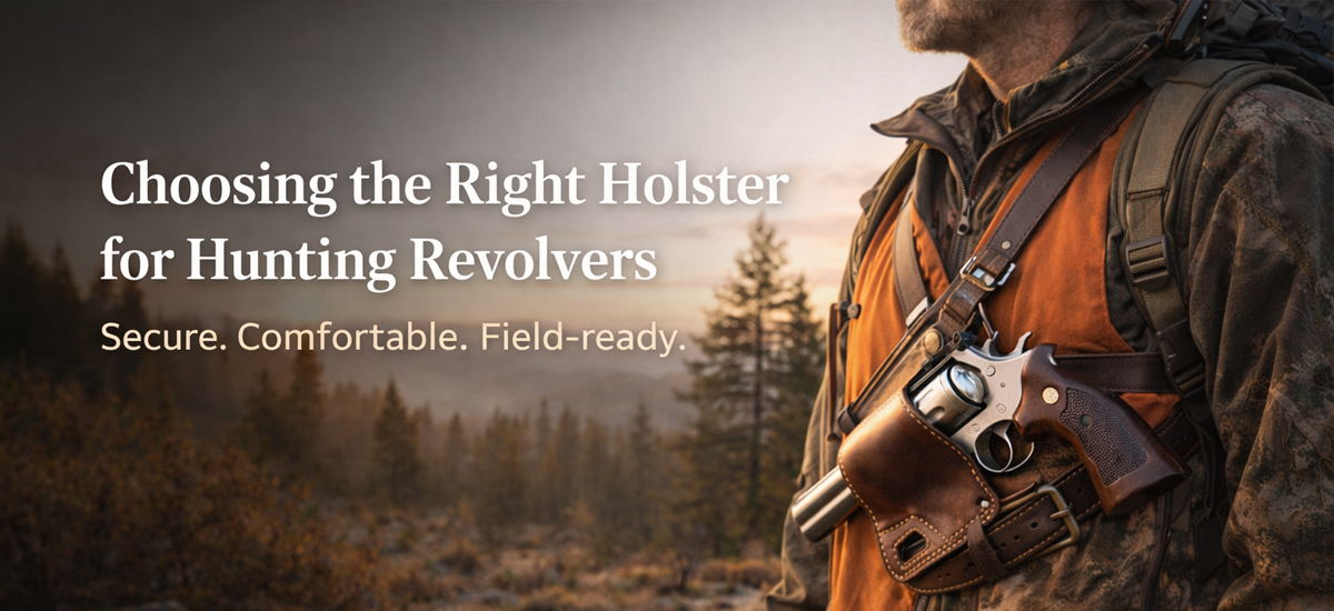 Hunter revolver with leather holster and outdoor gear on a mountain ridge illustrating how to choose the right holster for hunting revolvers
