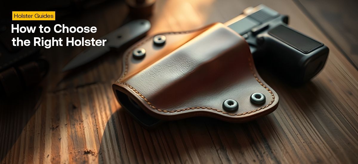 Leather holster displayed on a wooden surface with clean lighting, used as the banner image for a holster selection guide.