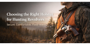Hunter revolver with leather holster and outdoor gear on a mountain ridge illustrating how to choose the right holster for hunting revolvers