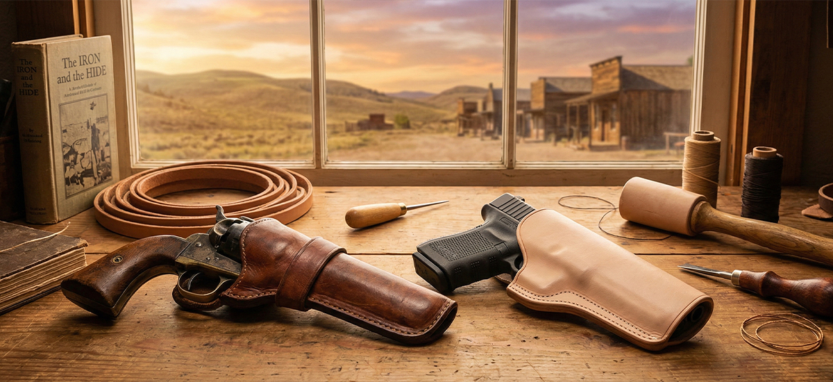 Handcrafted leather holsters displayed on a workbench, illustrating the history and craftsmanship of traditional gun leather.