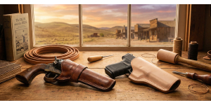 Handcrafted leather holsters displayed on a workbench, illustrating the history and craftsmanship of traditional gun leather.