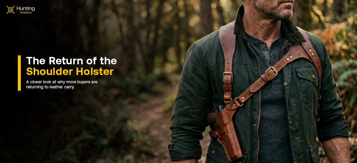 Man wearing a brown leather shoulder holster in an outdoor setting for a blog about the return of shoulder holsters and leather carry.