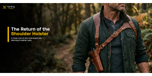 Man wearing a brown leather shoulder holster in an outdoor setting for a blog about the return of shoulder holsters and leather carry.