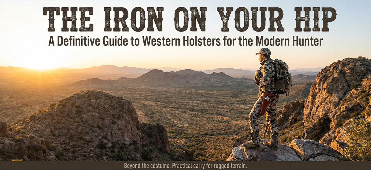 Modern hunter in camouflage stands on a rocky ridge at golden hour, overlooking vast mountains, wearing a backpack and leather western holster with revolver.