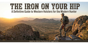 Modern hunter in camouflage stands on a rocky ridge at golden hour, overlooking vast mountains, wearing a backpack and leather western holster with revolver.