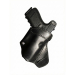 Black leather open-top cross draw holster with snap belt loop, shown at an angle
