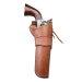 Brown leather Western belt holster with open-top design, shown holding a single-action revolver against a white background.