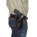 Black leather OWB hip holster worn on belt for strong-side carry