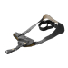 Black leather shoulder holster harness with adjustable straps laid flat on white background