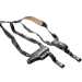 Black leather shoulder holster harness with adjustable straps laid flat on white background