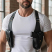 Black Leather Shoulder Holster with Double Magazine Pouch – front worn view