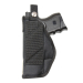 Black nylon cross draw holster front view with retention strap and compact fit