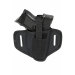 Black nylon hunting pancake holster front view with retention strap and dual belt slots