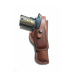 Brown leather field holster with snap retention strap and stitched edges