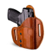 Brown Leather Locking OWB Holster with firearm inserted showing automatic retention system