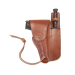 Brown leather military flap holster with integrated utility sheath front view
