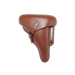 Brown leather military-style OWB flap holster shown from front view with closed flap