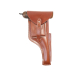 Classic European leather flap holster side profile showing extended lower design