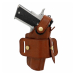 Brown leather belt holster front view with retention strap