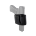 Black leather concealed carry holster worn inside the waistband on pistol