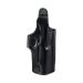 Black leather multi position belt holster with thumb break retention on white background.