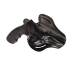 Black leather OWB thumb break revolver holster angled front view
