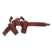 Tooled brown leather double holster revolver belt rig with matching belt and buckle on white background