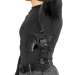 Leather shoulder holster for revolver worn under arm showing horizontal carry position