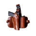 Tactical brown leather thigh holster with open-top firearm pocket and spare magazine pouch