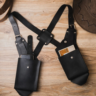 Adjustable Leather Chest Harness for Men – Handmade Festival Harness with Dual Pockets & Tactical Shoulder Holsters