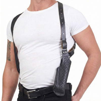 Black Basketweave Leather Shoulder Holster With Mag Pouch