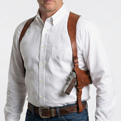 Law Enforcement brown leather vertical double shoulder holster worn under a light shirt, adjustable harness for balanced carry