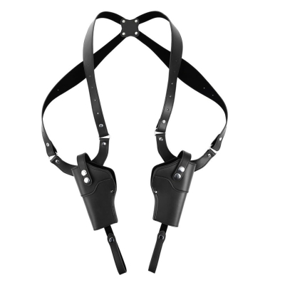 Black adjustable dual shoulder holster laid flat showing mirrored vertical holster design