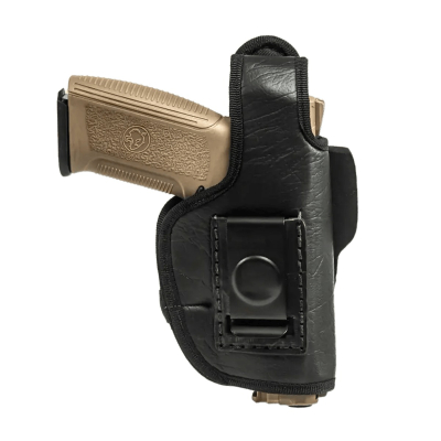 Black eco leather four way thumb break holster front view with mounted belt clip