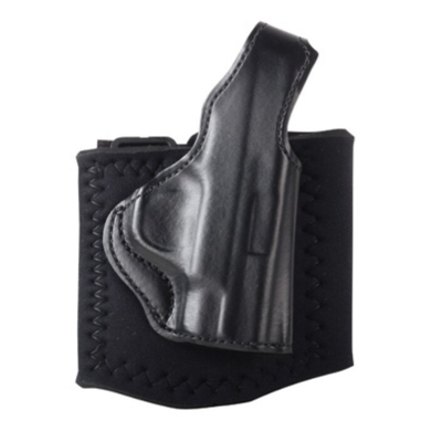 Black Leather Ankle Holster With Thumb Break front view showing molded leather body and padded ankle band