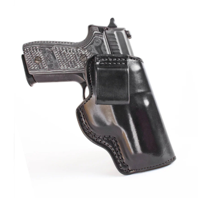 Black Leather Front Carry IWB Holster front view showing low ride profile and molded leather body