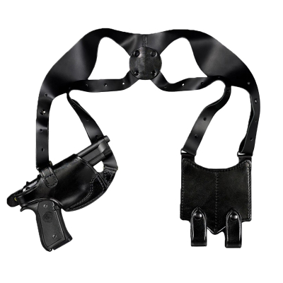 Black leather horizontal shoulder holster with double mag carrier and shoulder harness
