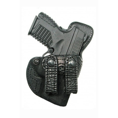 Black Leather IWB Holster With Dual Snap Straps front view showing forward cant and reinforced slide guard