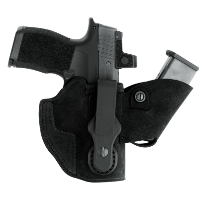 Black Leather IWB Holster With Mag Carrier main view showing holster body clip and spare magazine pocket