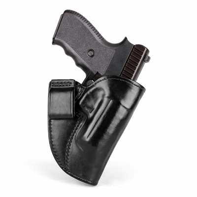 Black Leather IWB Holster With Extended Rear Guard front view showing molded leather body and open top