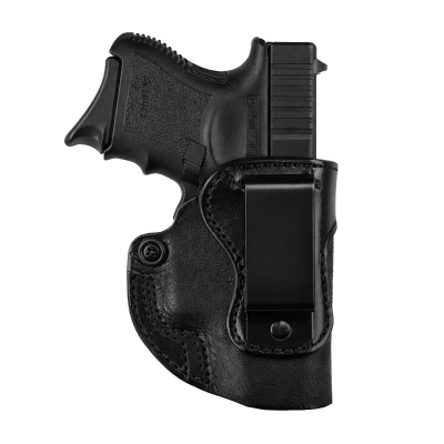 Black Leather Low Ride IWB Holster With Reverse J Clip – front view showing steel clip placement, tension screw, and rough side out leather