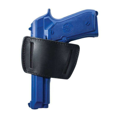 Black Leather IWB Tim Schmidt Signature Holster – front view – contrasting trim and stitched detail