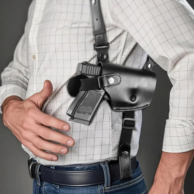 Black Leather Shoulder Holster With Mag Pouch