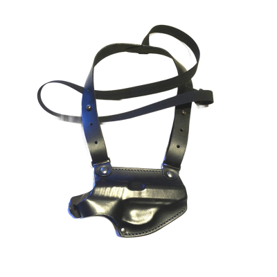 Black leather shoulder holster designed for Walther PPK with shoulder strap and belt attachment