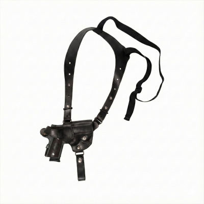 Black leather single shoulder holster with vertical carry design, adjustable harness, and elastic support strap on a white background
